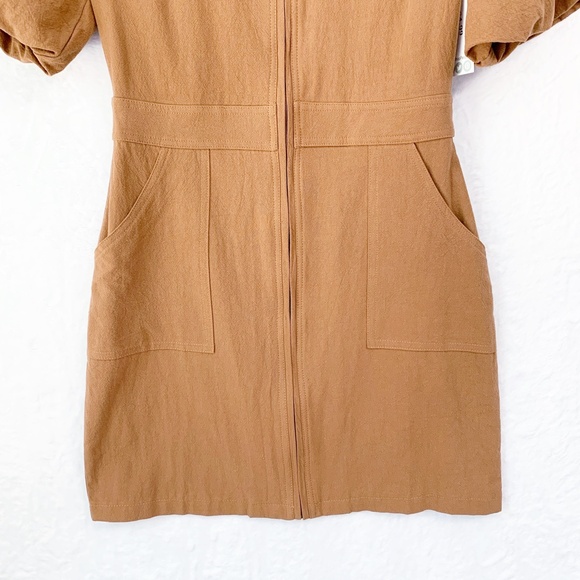 Lena Puff Sleeve Zip Front Utility Mini Dress in Camel Sz S - Picture 3 of 11